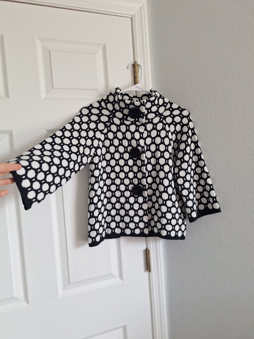 JohnPaulRichard Black and White Geometric Pattern Pea Coat